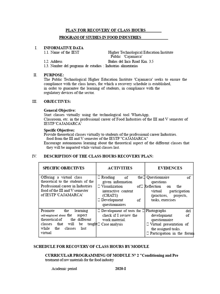 Plan For Recovery of Class Hours Iestp Cajamarca | PDF