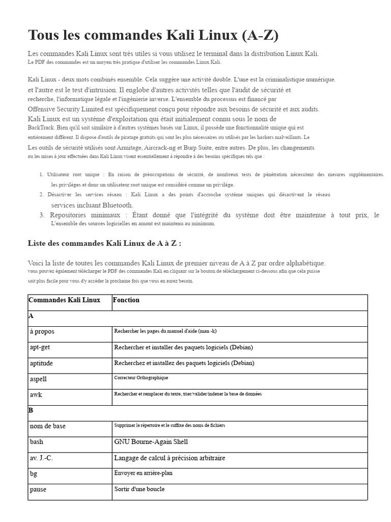Commandes Kali Linux A-Z : Guide Complet | PDF | Fichier informatique ...