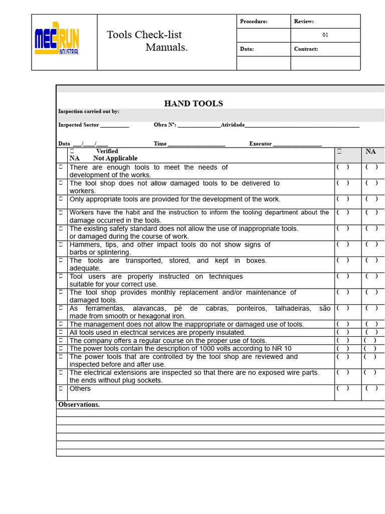 Tool Safety Inspection Procedure | PDF