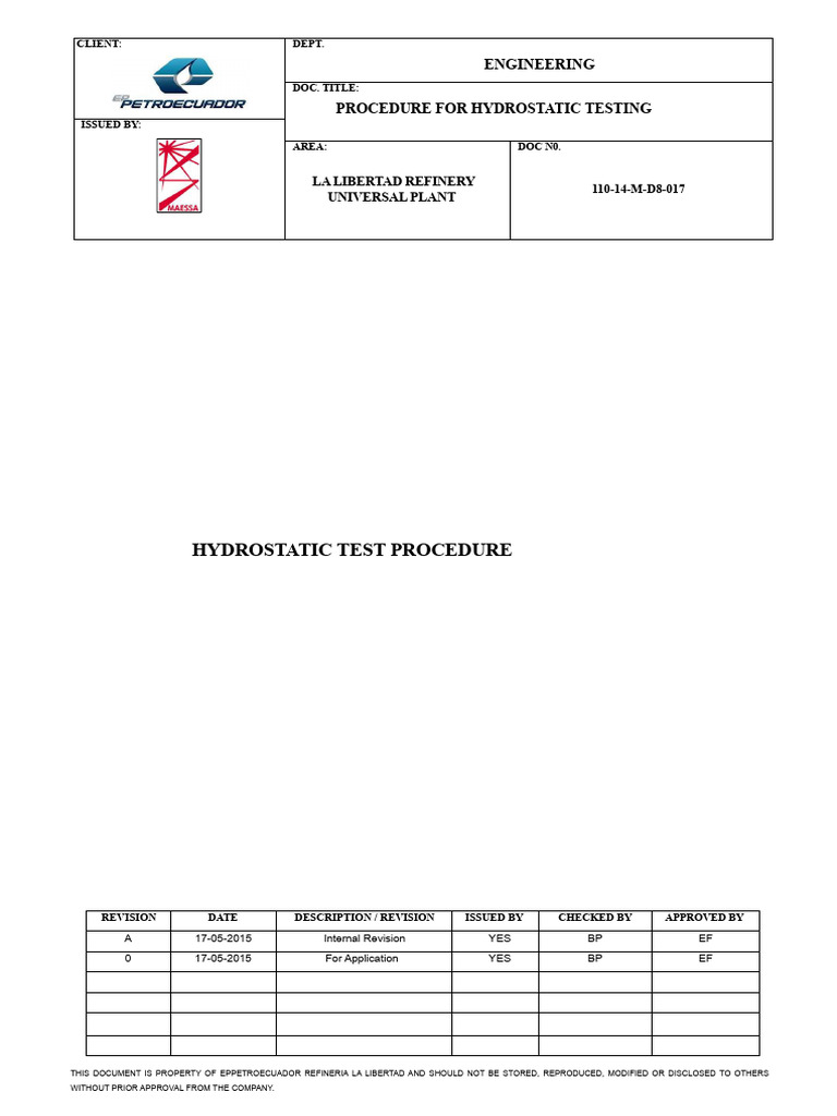 Hydrostatic Testing Procedure Guide | PDF | Pressure | Pipe (Fluid ...
