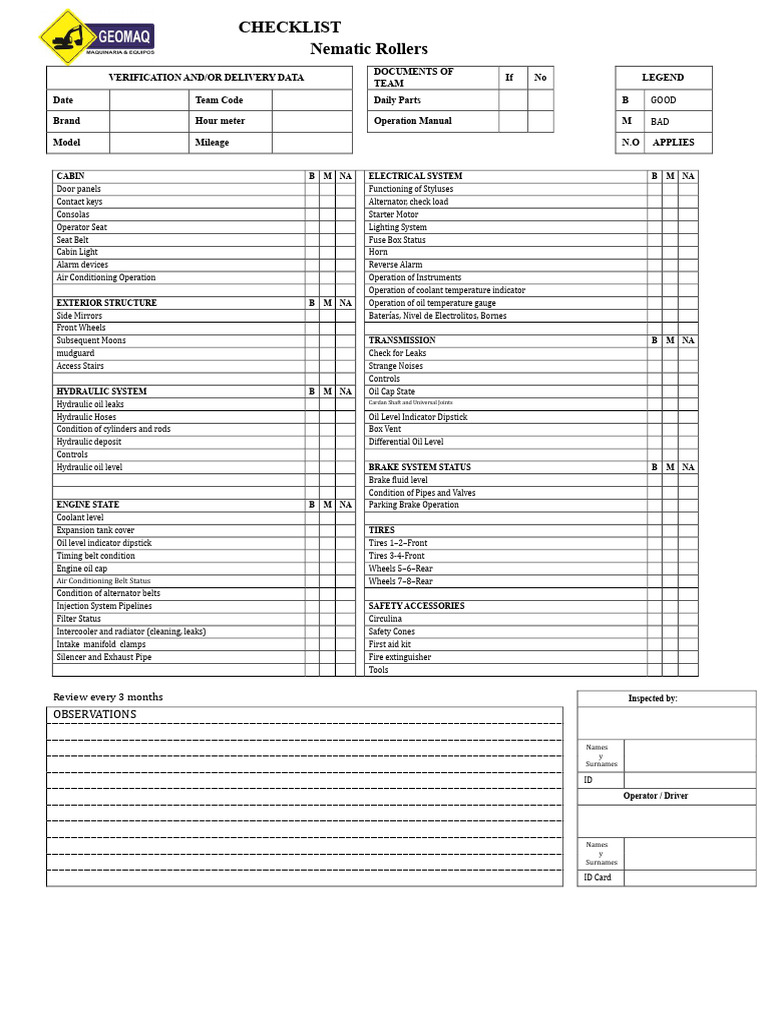 Nematic Rollers Inspection Checklist | PDF | Truck | Engines