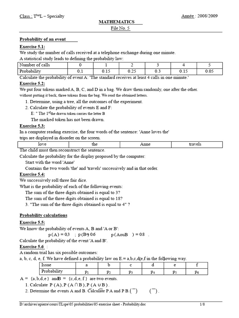 Probability Exercises for Mathematics Class | PDF | Probability ...