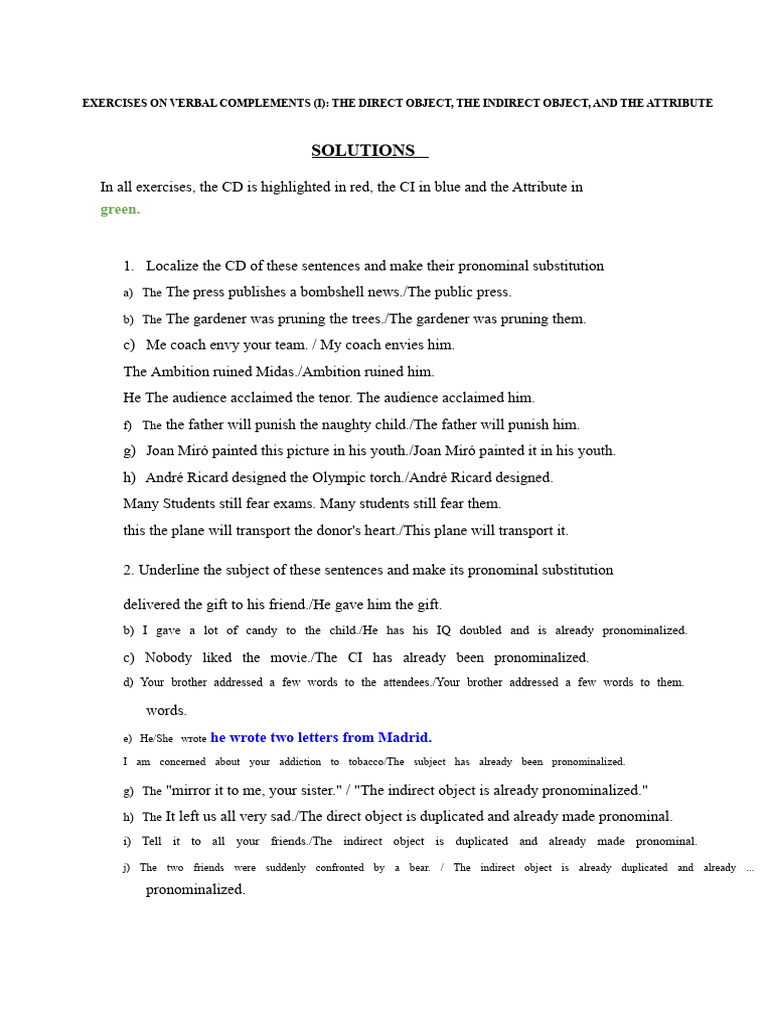 Verbal Complements Exercises with Solutions | PDF | Pronoun | Linguistics