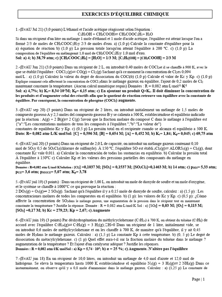 Exercices sur l'équilibre chimique | PDF | Équilibre chimique ...
