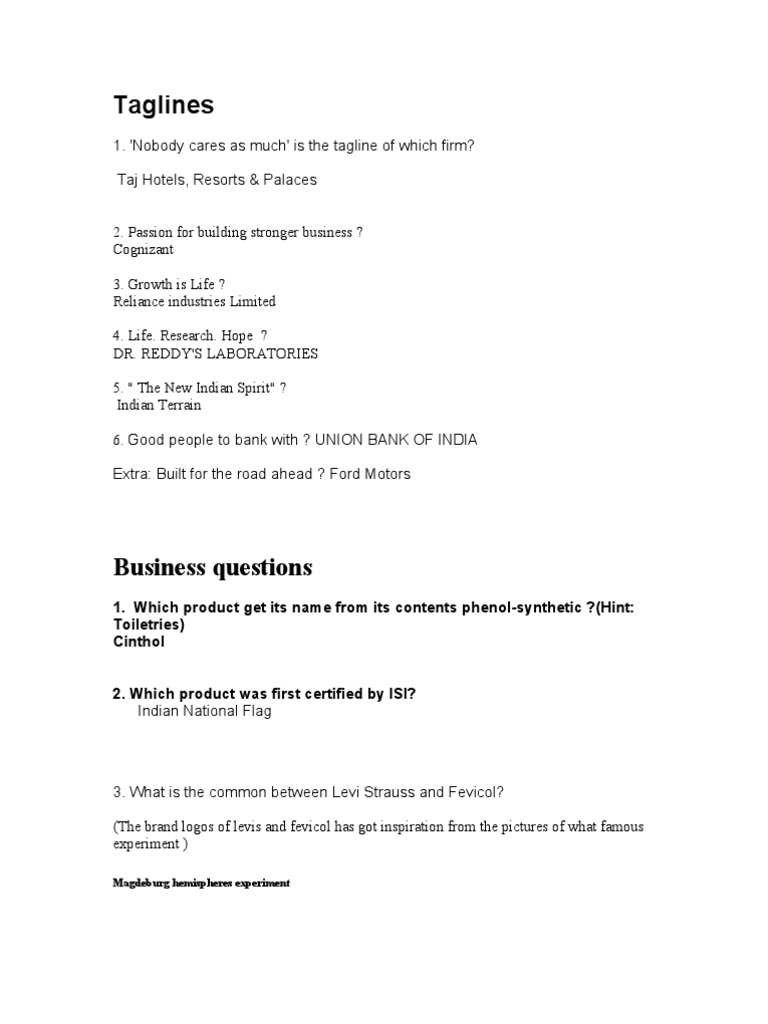 Taglines and Business Trivia Insights | PDF | Business