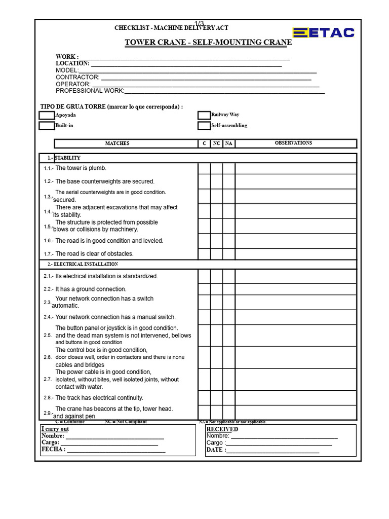 Tower Crane Delivery Checklist | PDF | Crane (Machine) | Switch