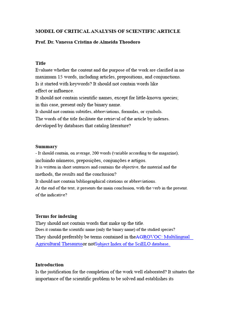 Critical Analysis Model for Scientific Articles | PDF | Experiment | Data