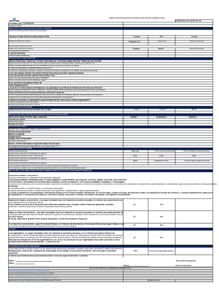Registro de Proveedores: Formulario VRIF | PDF | Business | Economias