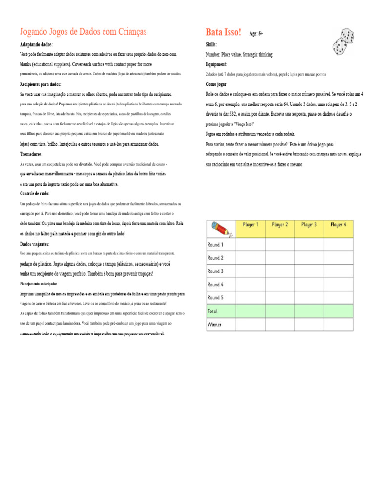 Jogos de Dados para Crianças | PDF | Números | Matemática