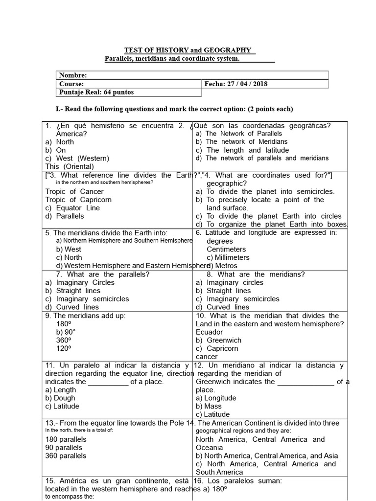 Geography Test: Coordinates & Hemispheres | PDF | Longitude | Latitude