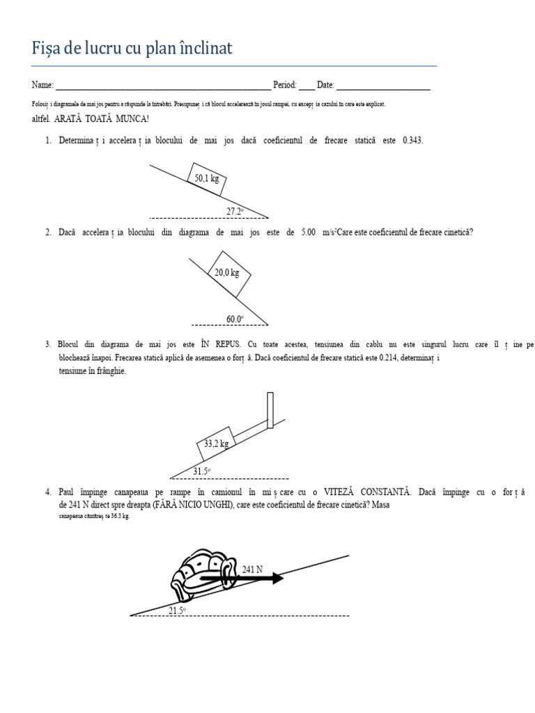Fișa de Lucru Pentru Plan Înclinat | PDF