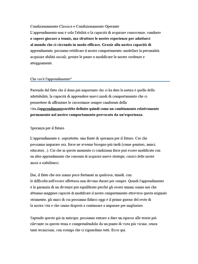 Condizionamento Classico e Condizionamento Operante | PDF