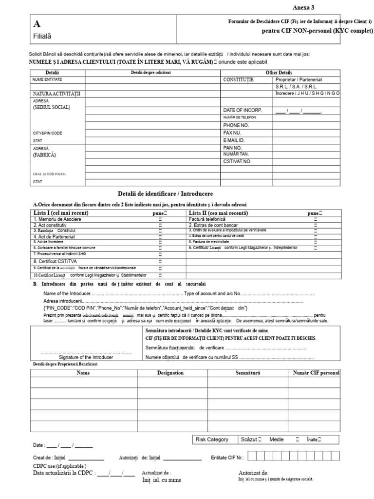 Cif Opg Form ENTITATE Anexa 3 KYC Complet | PDF