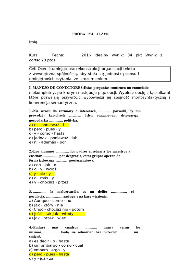 Test NR 1 Łączniki I Rozumienie Tekstu Czytanego Klasa 1 2016 | PDF