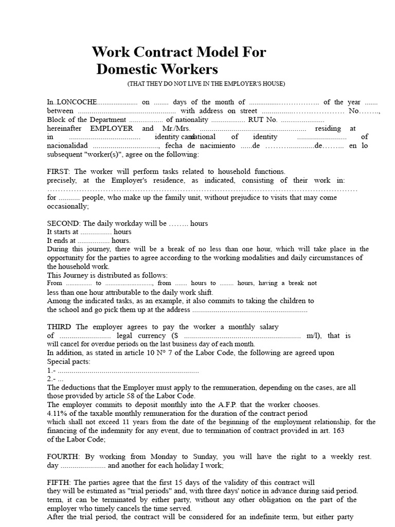 Domestic Worker Contract Template | PDF | Employment | Labour Law