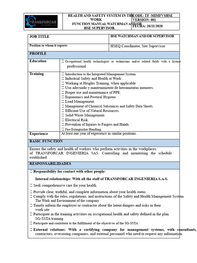 HSE Supervisor Function Manual | PDF | Occupational Safety And Health ...