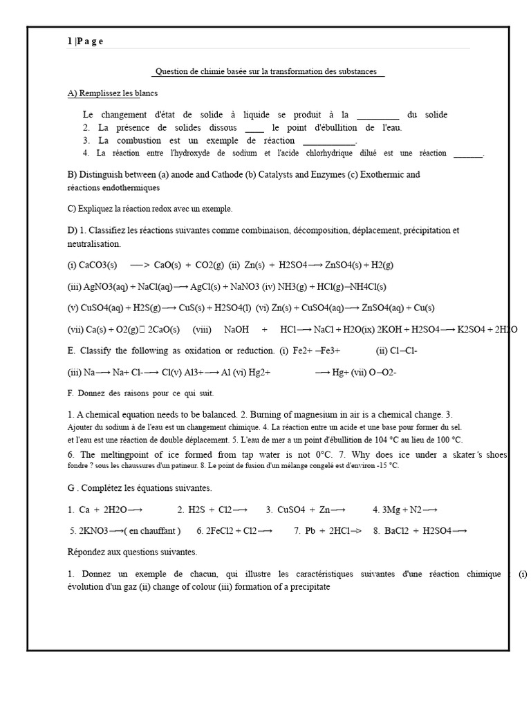 Questions de chimie sur les réactions chimiques | PDF | Fer | Oxyde