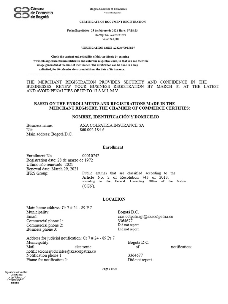 Bogotá Chamber of Commerce Registration Certificate | PDF | Deed
