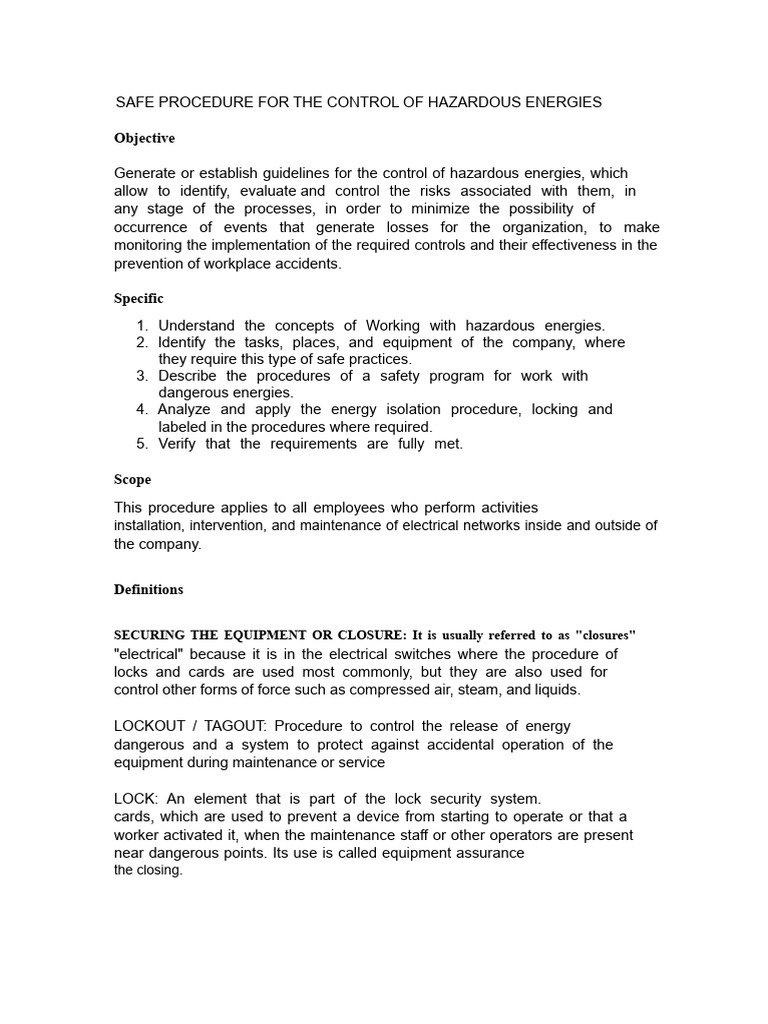 Safe Procedure For The Control of Hazardous Energies | PDF | Safety ...