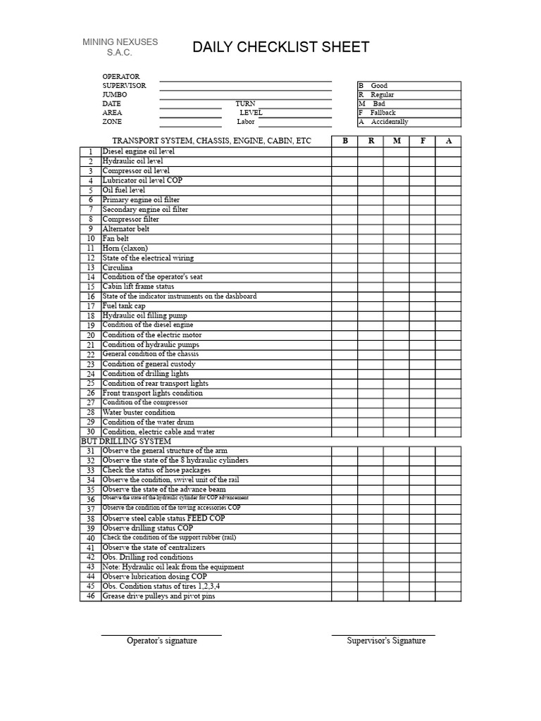 Daily Mining Equipment Checklist | PDF