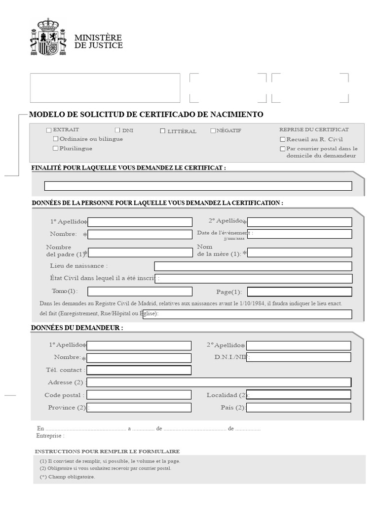 Modèle de demande de certificat de naissance | PDF | Certificat de ...