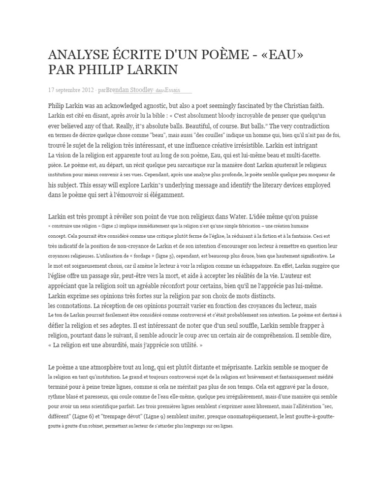 Analyse Écrite D'un Poème - 'Eau' Par Philip Larkin | PDF | Dieu ...
