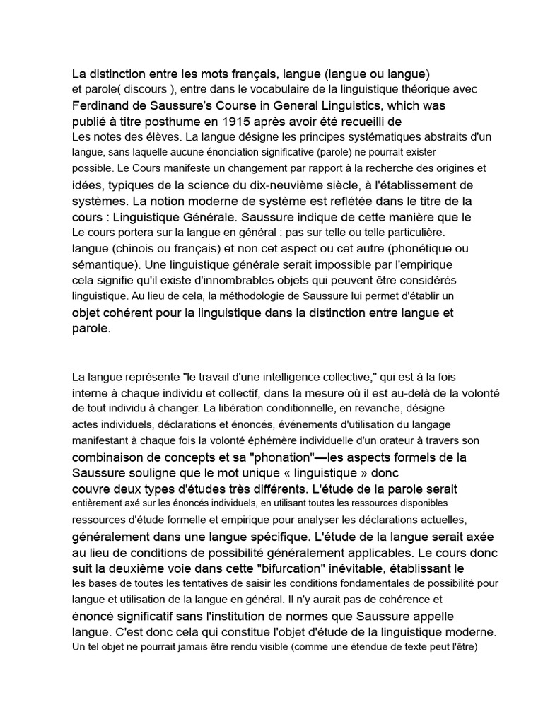 Langue et parole : Distinction linguistique | PDF | Linguistique ...