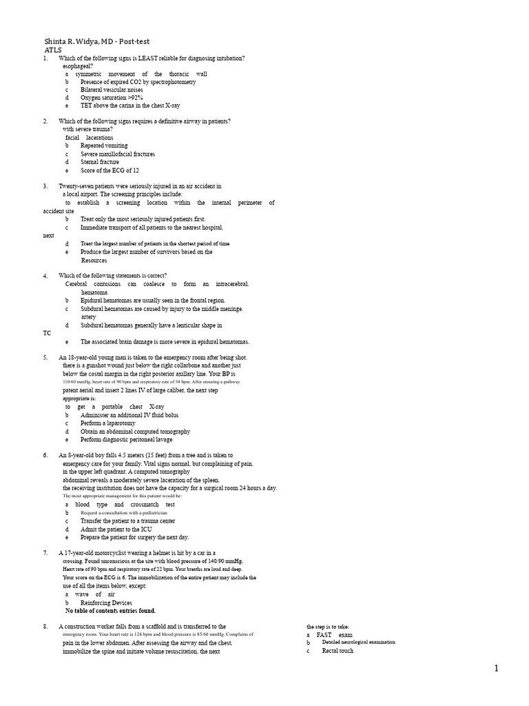 ATLS Post-Test: Trauma Assessment Questions | PDF | Major Trauma | Thorax