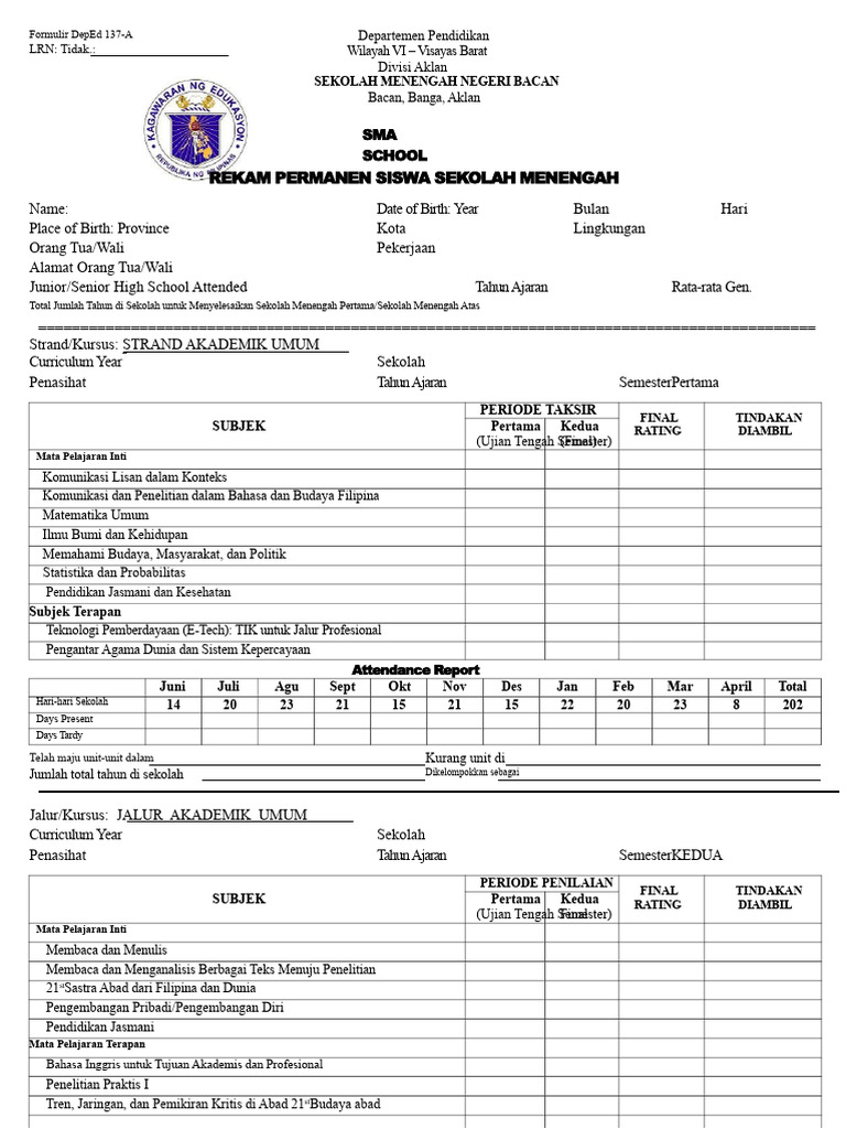 Formulir 137 Deped SHS - 1-Strand Akademik Umum | PDF
