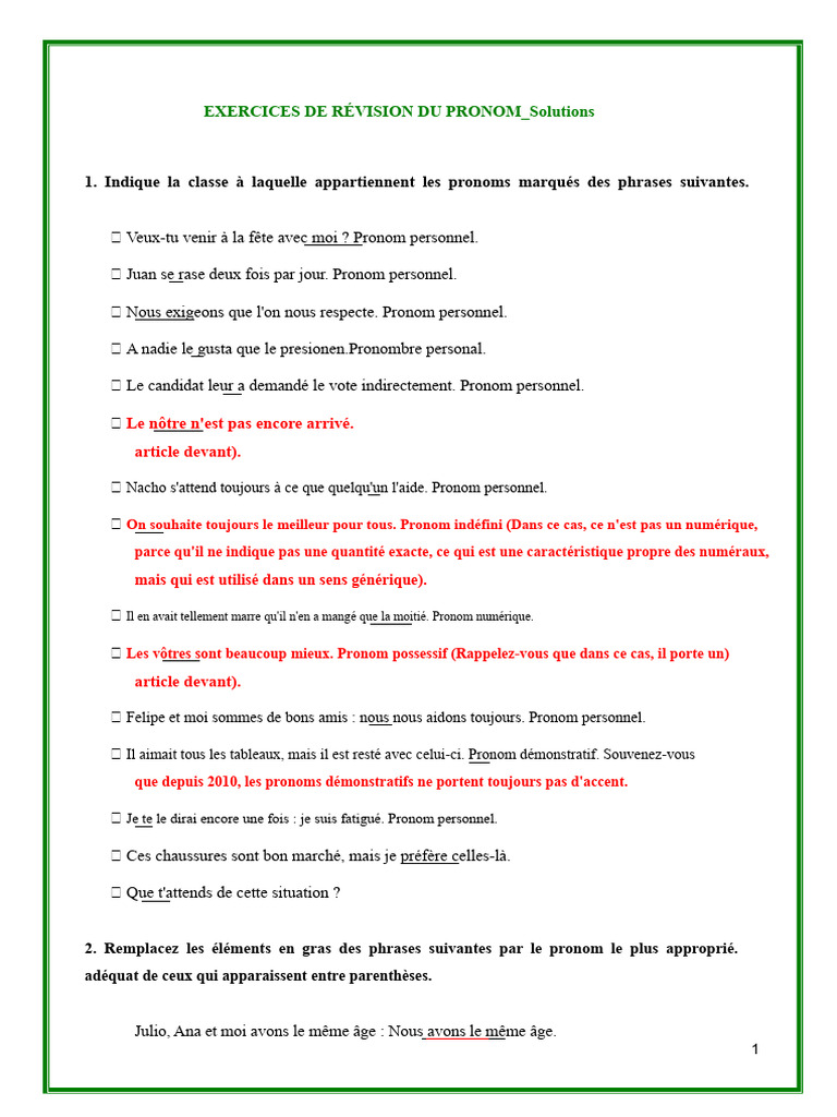 Exercices de révision sur les pronoms | PDF | Pronom | Nombre grammatical