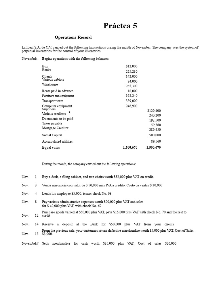 November Operations Record for La Ideal S.A. | PDF | Banks | Value ...