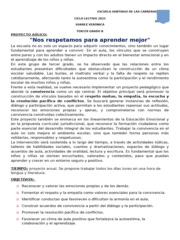 Proyecto de Convivencia en Tercer Grado | PDF | Aprendizaje | Salón de ...