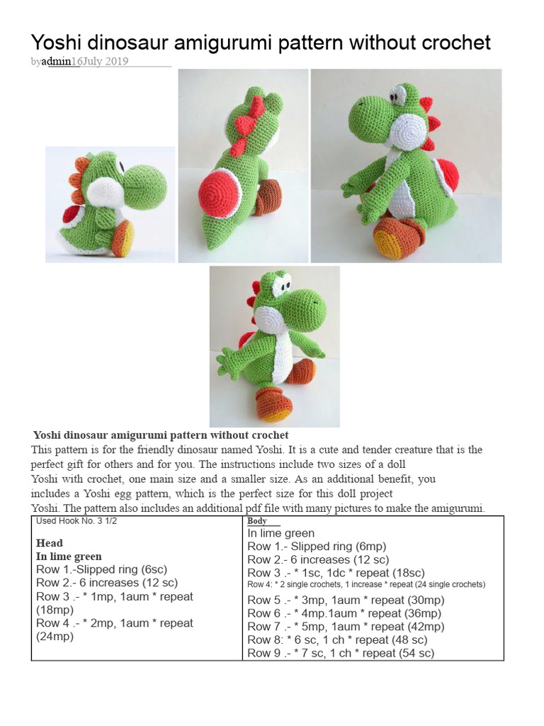 Yoshi Dinosaur Amigurumi Pattern | PDF | Crochet | Knitting