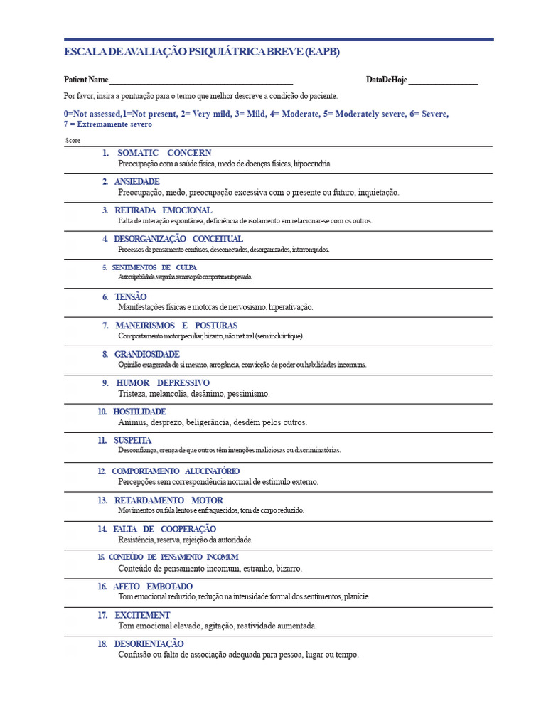 Escala BPRS de Avaliação Psiquiátrica | PDF | Ansiedade | Pensamento