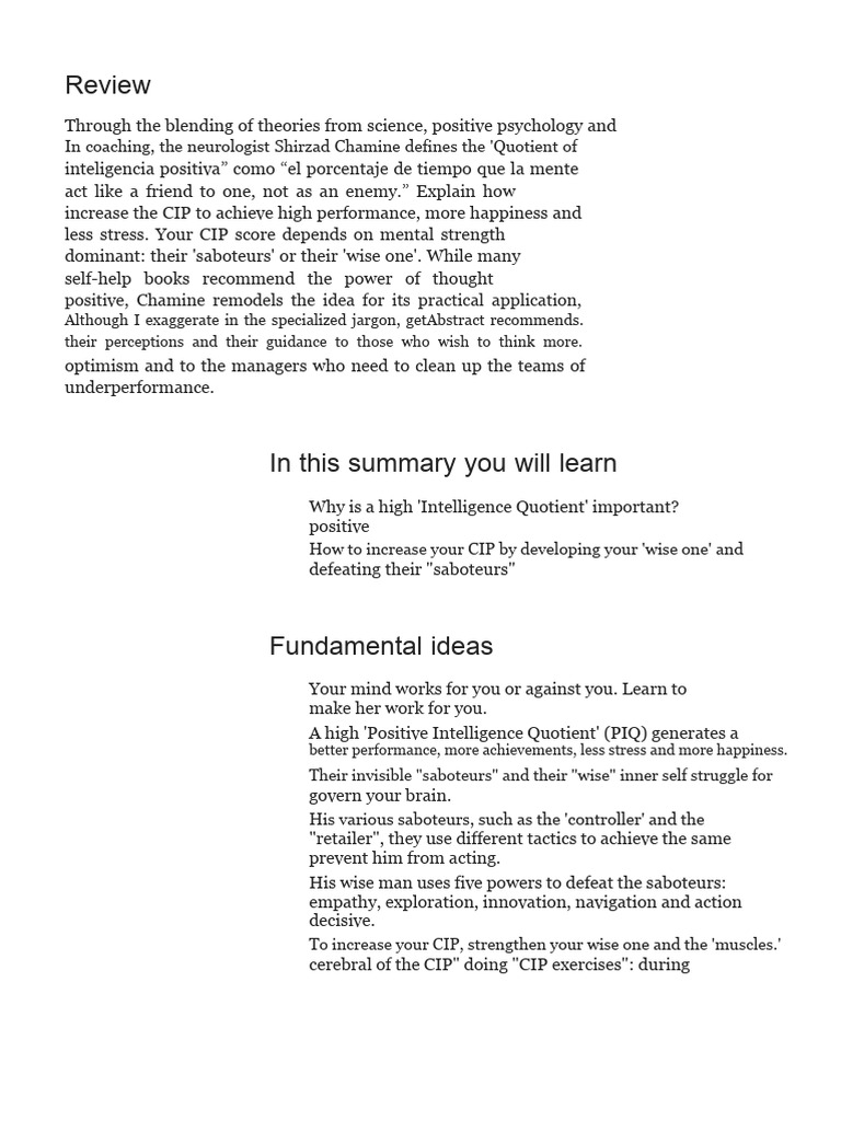 Positive Intelligence: Key Concepts Summary | PDF | Empathy | Shame