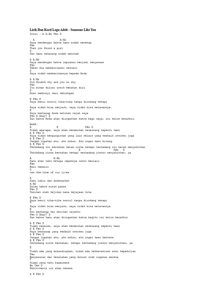 Lirik dan Kord Lagu Someone Like You | PDF