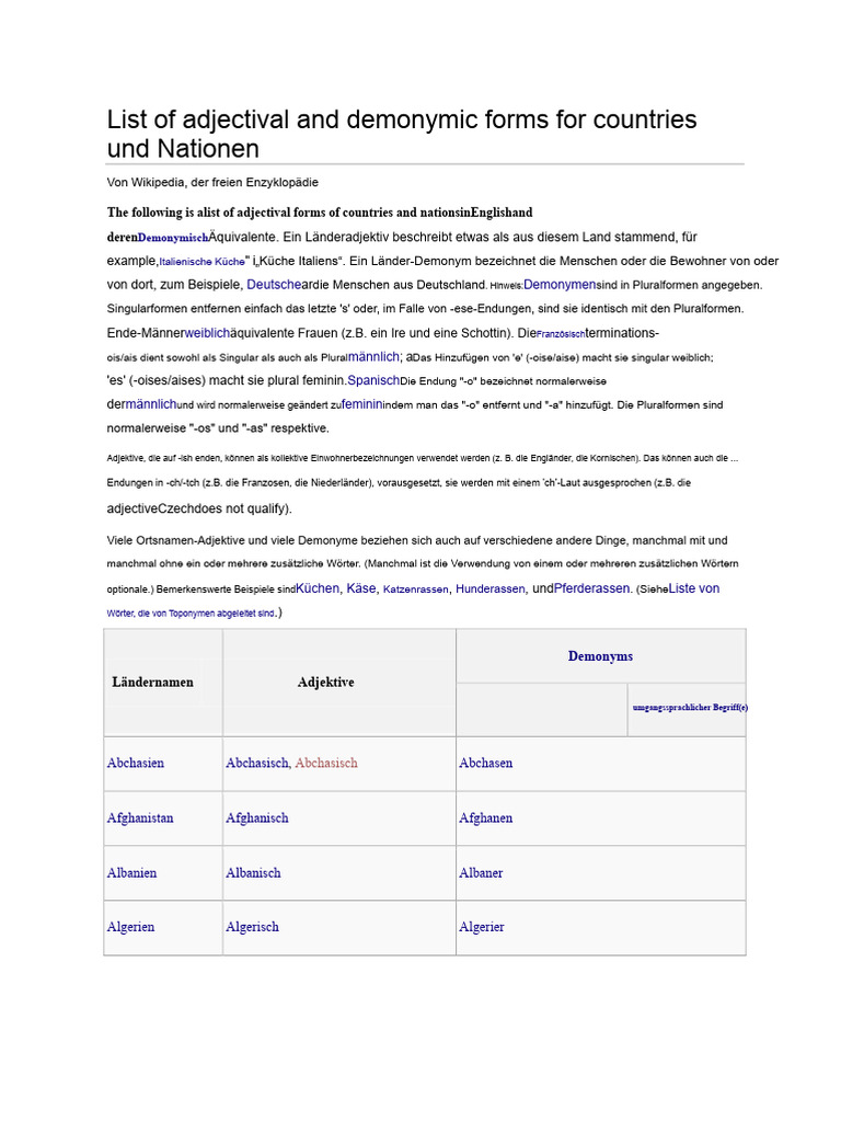 Liste Der Adjektiv - Und Demonym-Formen Für Länder Und Nationen | PDF