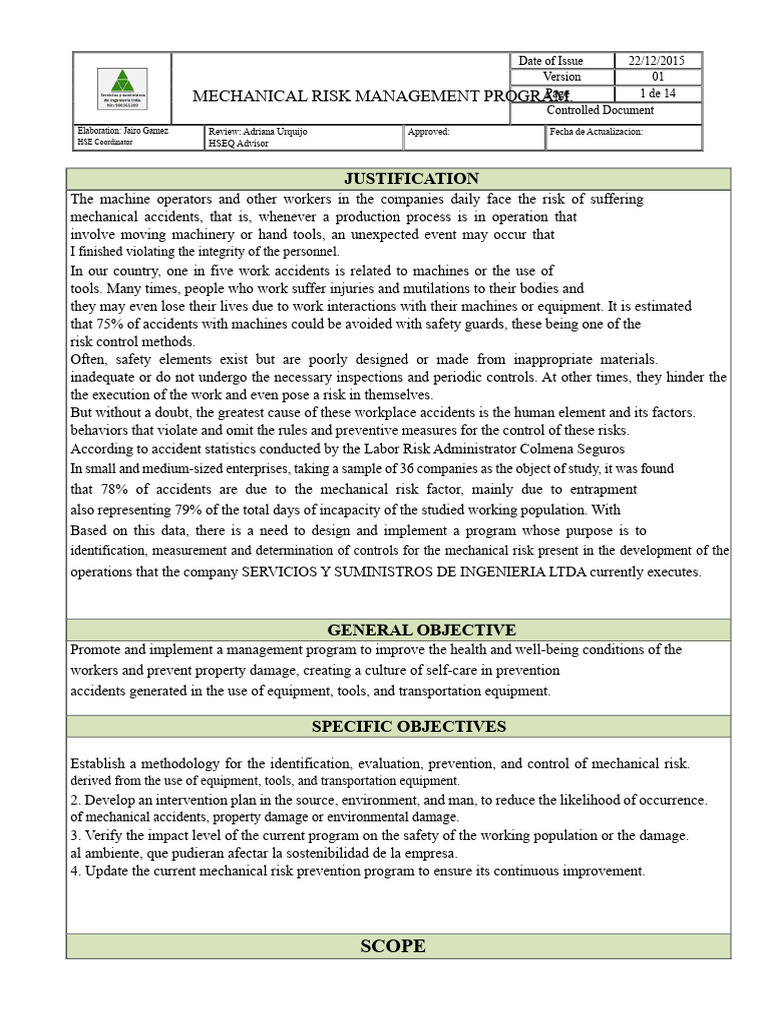 Mechanical Risk Management Program | PDF | Risk | Personal Protective ...