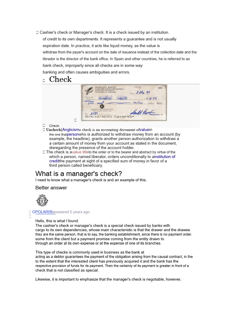 Cashier's vs Manager's Check Explained | PDF | Cheque | Cashier's Check