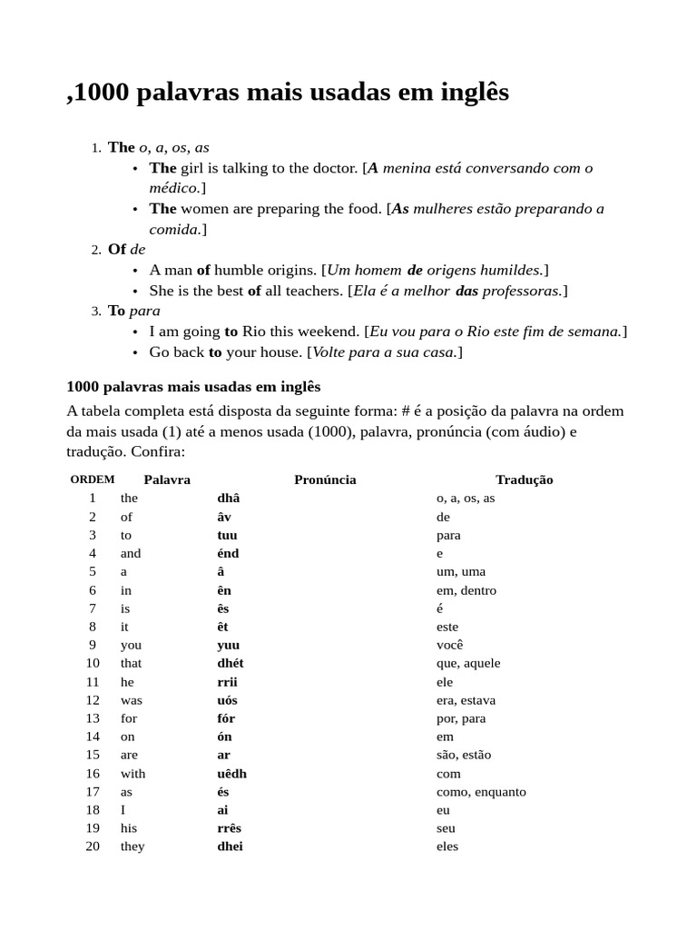 1000 Palavras Mais Usadas em Inglês | PDF