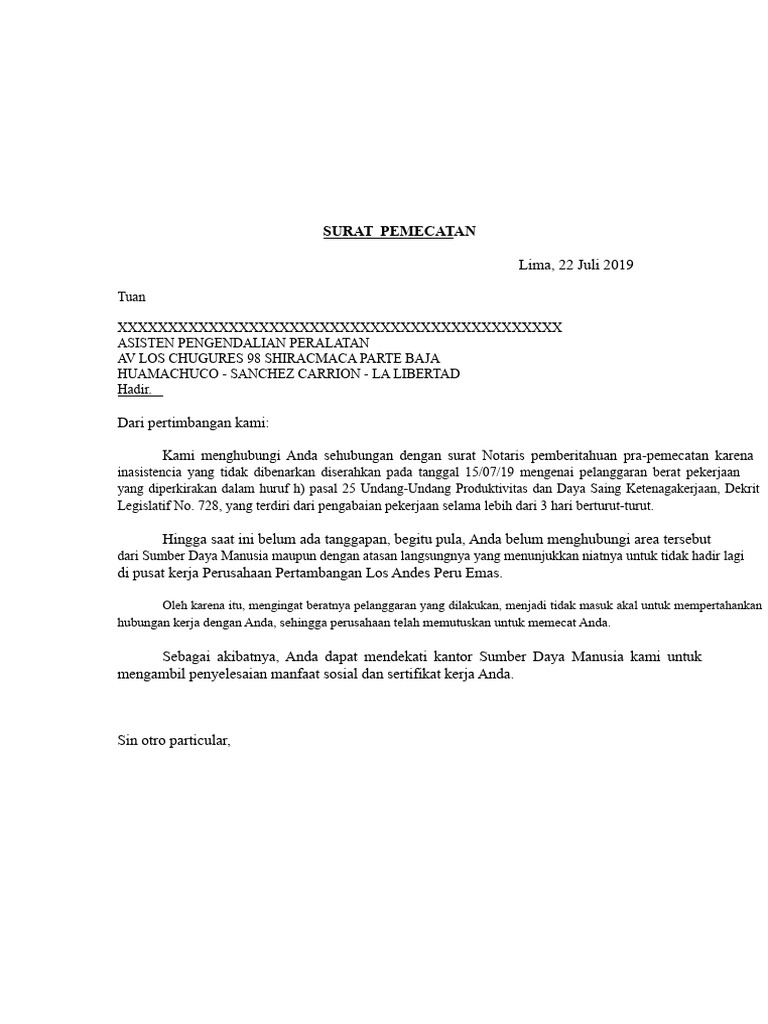 Surat Pemecatan Karyawan karena Inasistencia | PDF