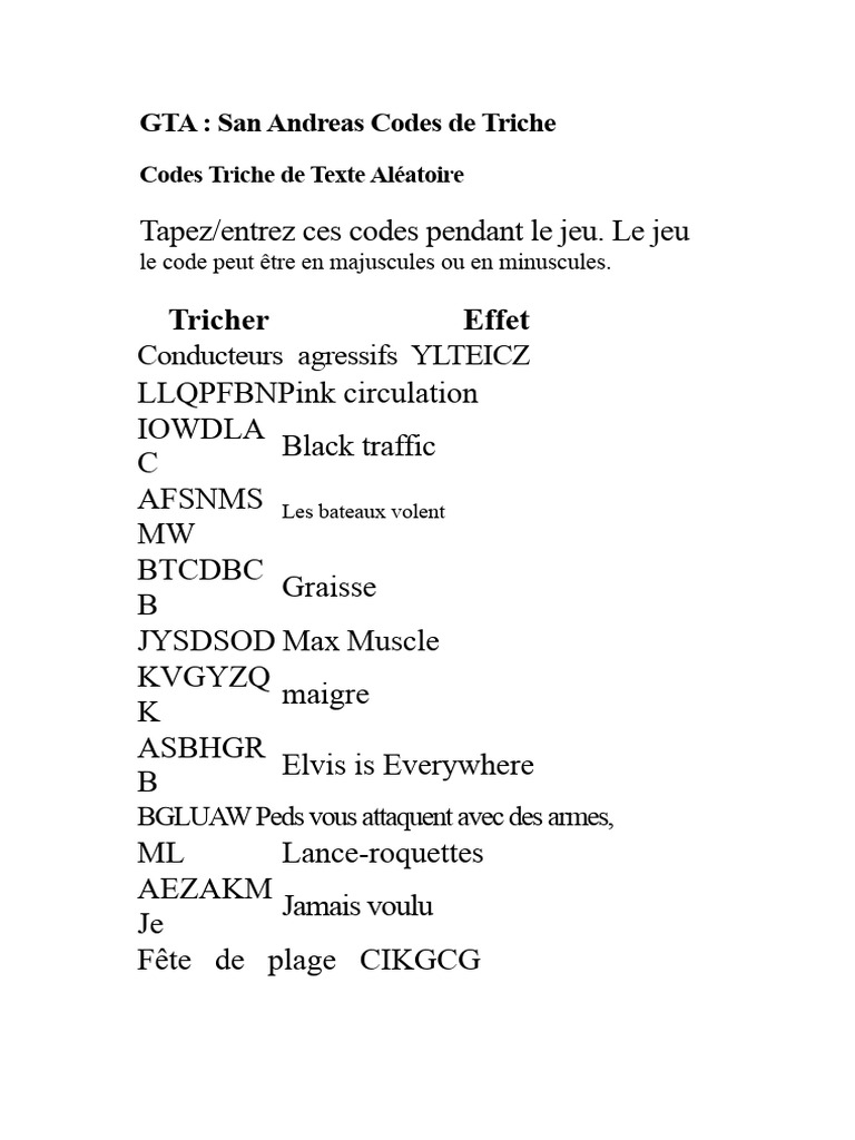 Codes de Triche GTA San Andreas | PDF