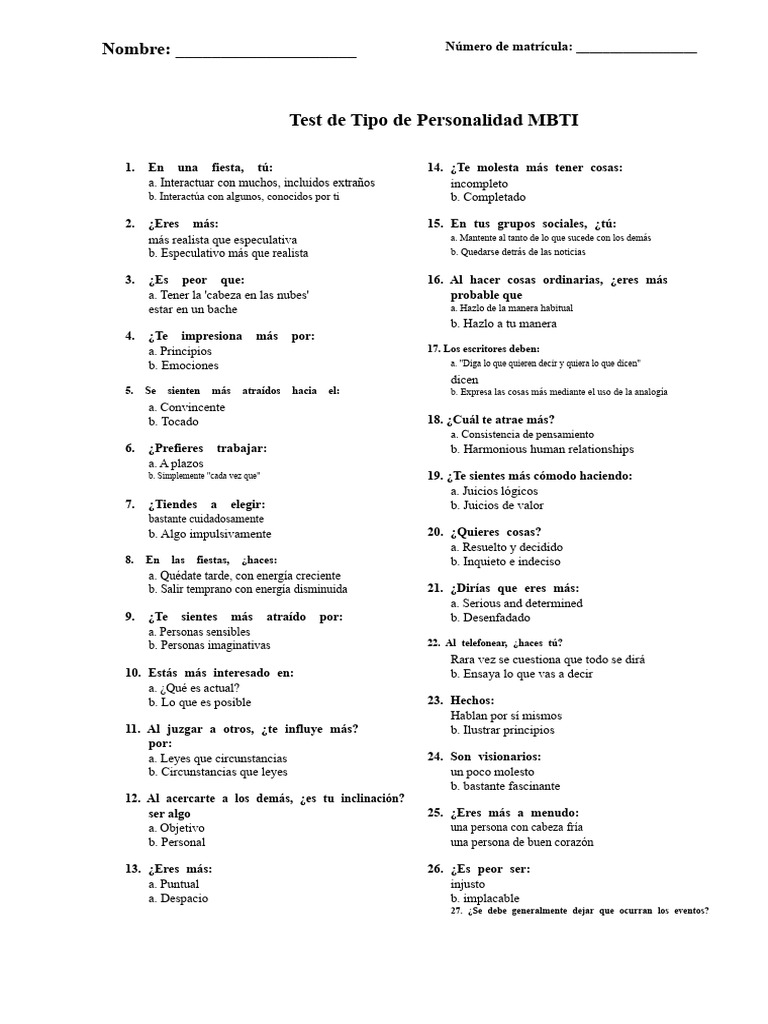 Test de Personalidad MBTI: Evaluación y Resultados | PDF | Conceptos ...