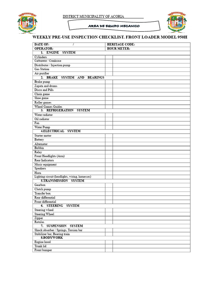 Weekly Front Loader Inspection Checklist | PDF