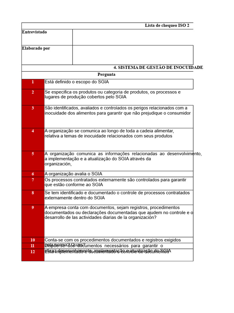Checklist ISO para Gestão de Inocuidade | PDF