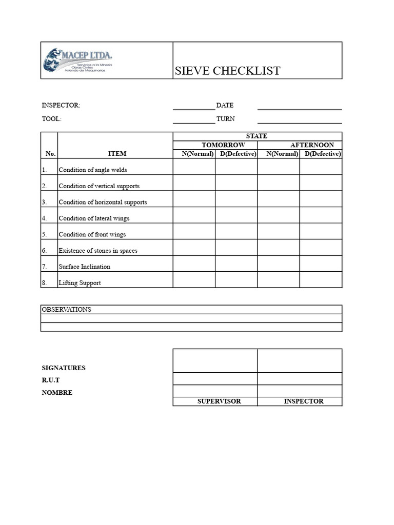 Sieve Inspection Checklist Template | PDF