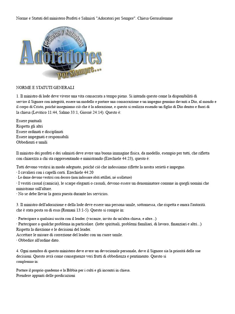Norme e Statuti Del Ministero Profeti e Salmisti | PDF