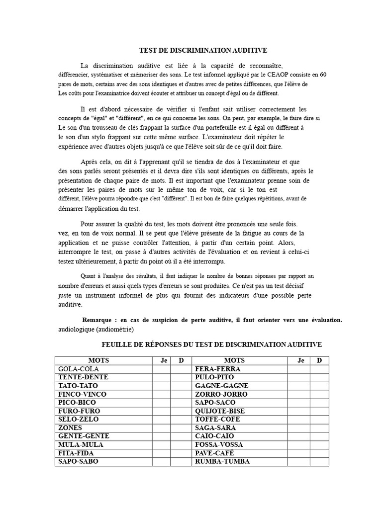 Test de Discrimination Auditive Informel | PDF