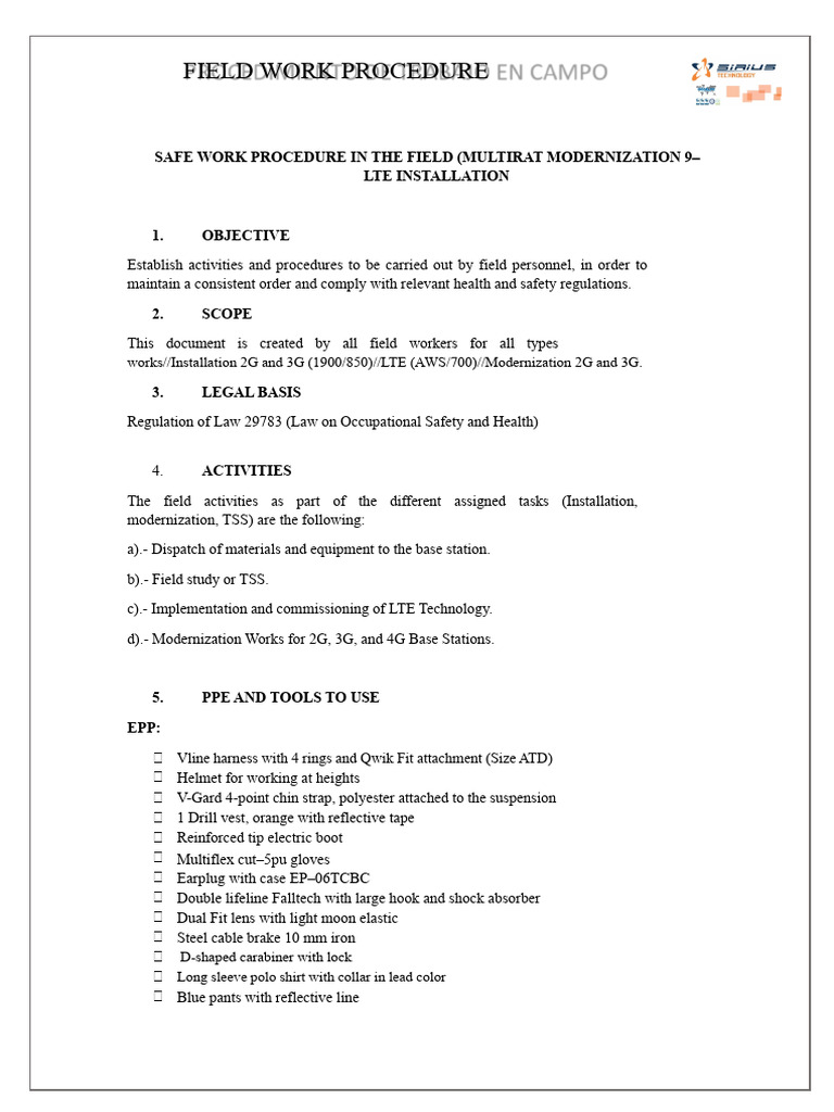 Field Work Safety Procedures for LTE Installation | PDF | Personal ...