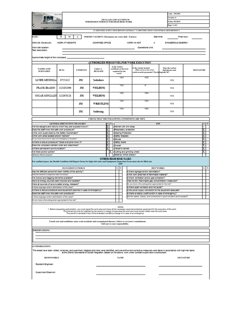 High-Risk Work Permit Format JM-005 | PDF | Occupational Safety And ...